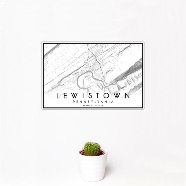 12x18 Lewistown Pennsylvania Map Print Landscape Orientation in Classic Style With Small Cactus Plant in White Planter