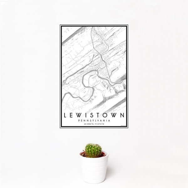 12x18 Lewistown Pennsylvania Map Print Portrait Orientation in Classic Style With Small Cactus Plant in White Planter