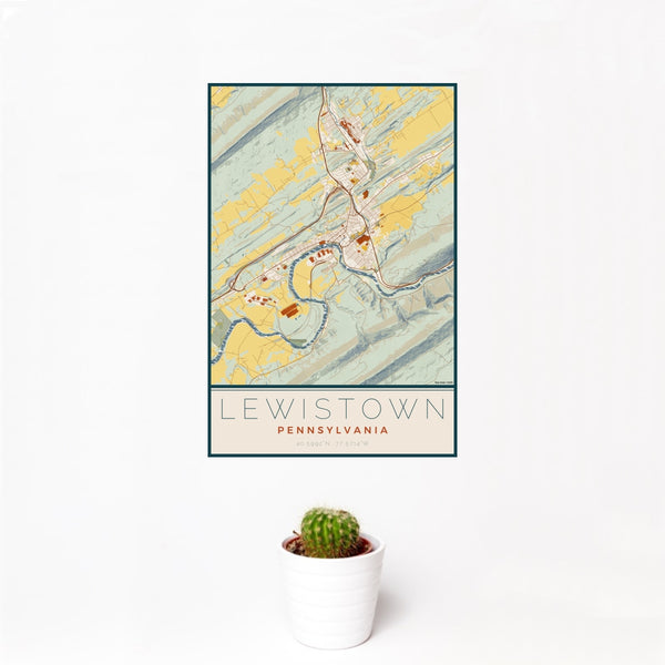 12x18 Lewistown Pennsylvania Map Print Portrait Orientation in Woodblock Style With Small Cactus Plant in White Planter