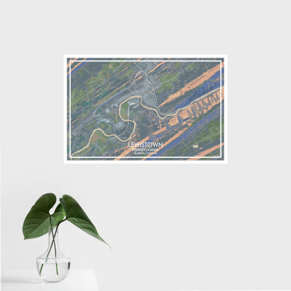 16x24 Lewistown Pennsylvania Map Print Landscape Orientation in Afternoon Style With Tropical Plant Leaves in Water