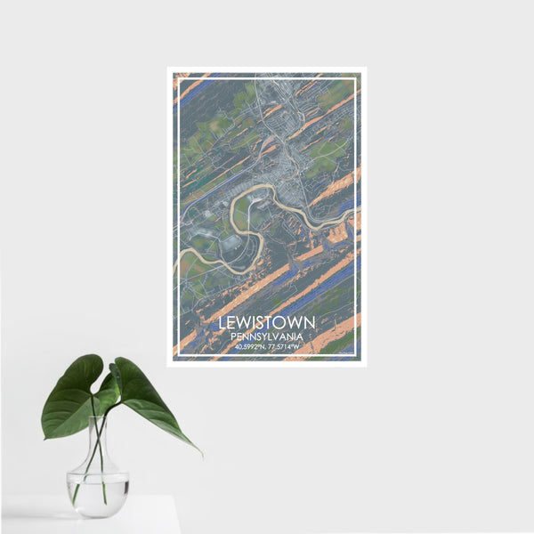 16x24 Lewistown Pennsylvania Map Print Portrait Orientation in Afternoon Style With Tropical Plant Leaves in Water