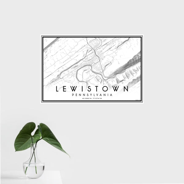16x24 Lewistown Pennsylvania Map Print Landscape Orientation in Classic Style With Tropical Plant Leaves in Water