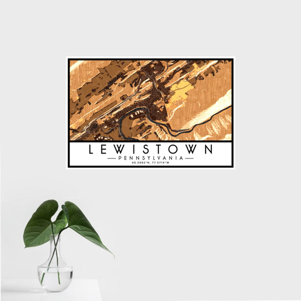 16x24 Lewistown Pennsylvania Map Print Landscape Orientation in Ember Style With Tropical Plant Leaves in Water