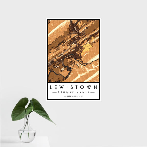 16x24 Lewistown Pennsylvania Map Print Portrait Orientation in Ember Style With Tropical Plant Leaves in Water