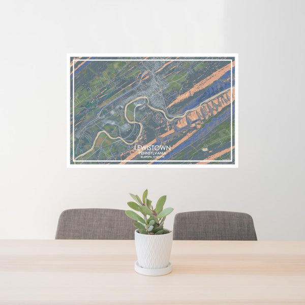 24x36 Lewistown Pennsylvania Map Print Lanscape Orientation in Afternoon Style Behind 2 Chairs Table and Potted Plant