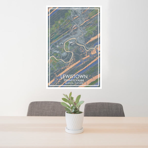24x36 Lewistown Pennsylvania Map Print Portrait Orientation in Afternoon Style Behind 2 Chairs Table and Potted Plant