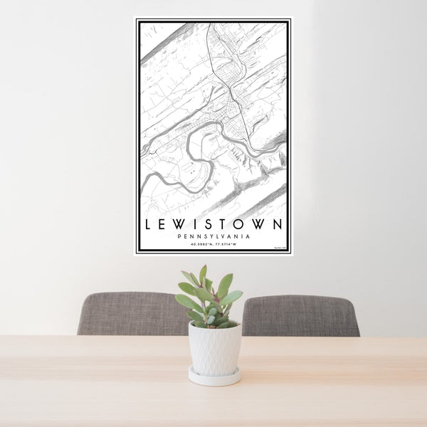 24x36 Lewistown Pennsylvania Map Print Portrait Orientation in Classic Style Behind 2 Chairs Table and Potted Plant