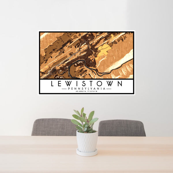 24x36 Lewistown Pennsylvania Map Print Lanscape Orientation in Ember Style Behind 2 Chairs Table and Potted Plant