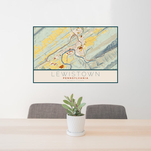 24x36 Lewistown Pennsylvania Map Print Lanscape Orientation in Woodblock Style Behind 2 Chairs Table and Potted Plant