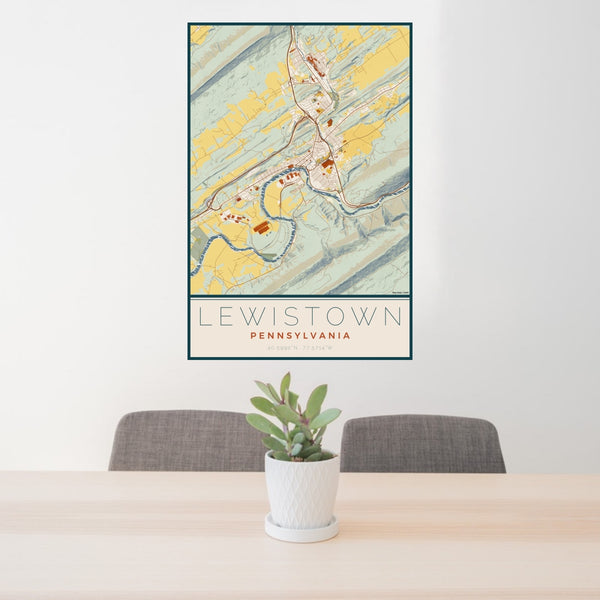 24x36 Lewistown Pennsylvania Map Print Portrait Orientation in Woodblock Style Behind 2 Chairs Table and Potted Plant