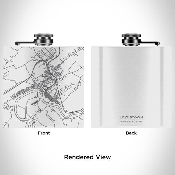 Rendered View of Lewistown Pennsylvania Map Engraving on 6oz Stainless Steel Flask in White