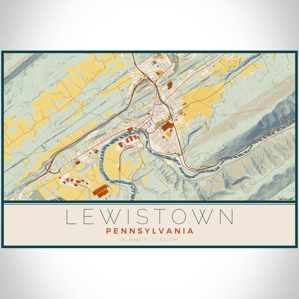 Lewistown Pennsylvania Map Print Landscape Orientation in Woodblock Style With Shaded Background