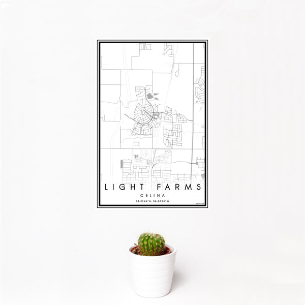 12x18 Light Farms Celina Map Print Portrait Orientation in Classic Style With Small Cactus Plant in White Planter