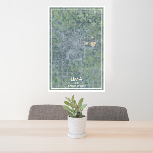 24x36 Lima Ohio Map Print Portrait Orientation in Afternoon Style Behind 2 Chairs Table and Potted Plant