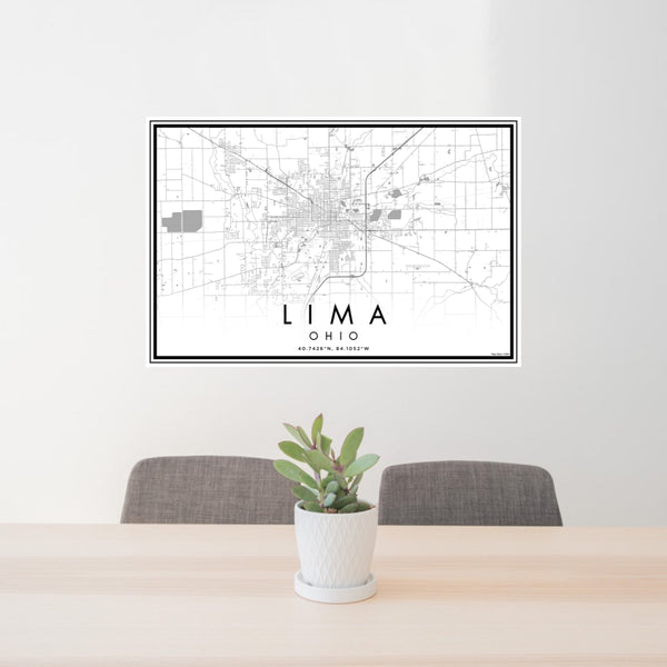 24x36 Lima Ohio Map Print Lanscape Orientation in Classic Style Behind 2 Chairs Table and Potted Plant