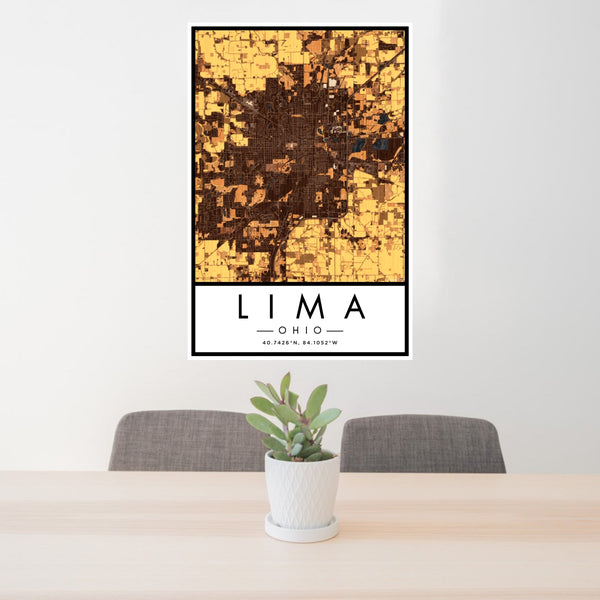 24x36 Lima Ohio Map Print Portrait Orientation in Ember Style Behind 2 Chairs Table and Potted Plant