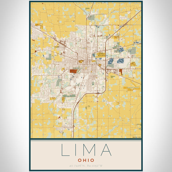 Lima Ohio Map Print Portrait Orientation in Woodblock Style With Shaded Background