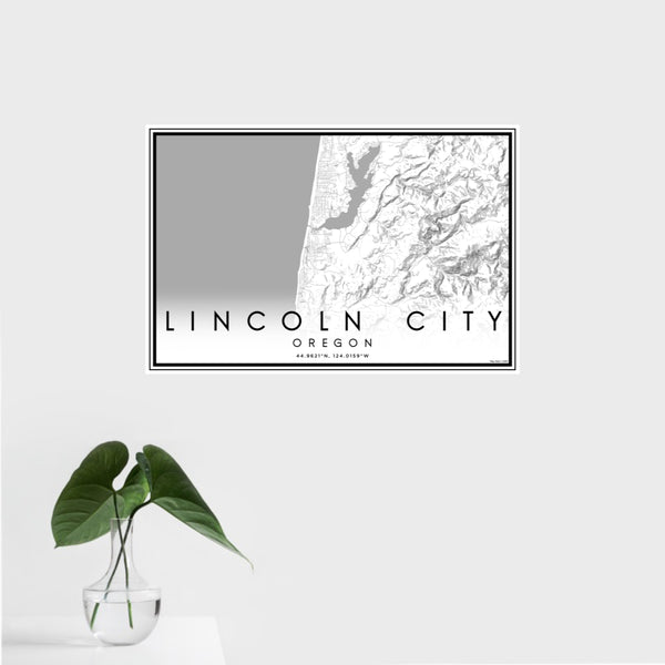 16x24 Lincoln City Oregon Map Print Landscape Orientation in Classic Style With Tropical Plant Leaves in Water