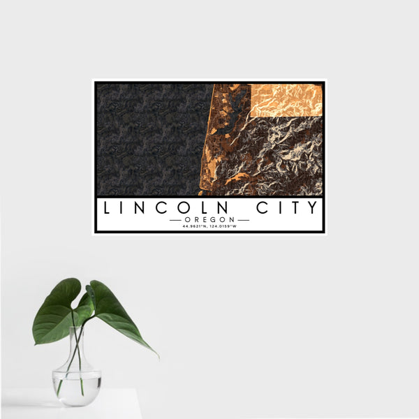 16x24 Lincoln City Oregon Map Print Landscape Orientation in Ember Style With Tropical Plant Leaves in Water