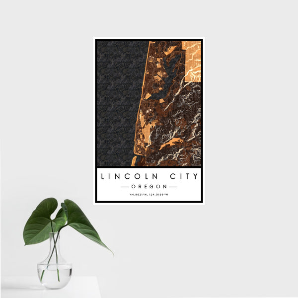 16x24 Lincoln City Oregon Map Print Portrait Orientation in Ember Style With Tropical Plant Leaves in Water