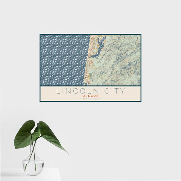 16x24 Lincoln City Oregon Map Print Landscape Orientation in Woodblock Style With Tropical Plant Leaves in Water