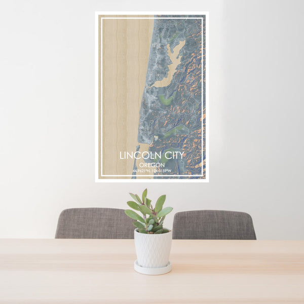 24x36 Lincoln City Oregon Map Print Portrait Orientation in Afternoon Style Behind 2 Chairs Table and Potted Plant