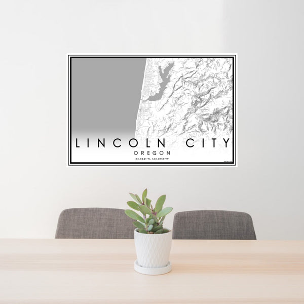 24x36 Lincoln City Oregon Map Print Lanscape Orientation in Classic Style Behind 2 Chairs Table and Potted Plant