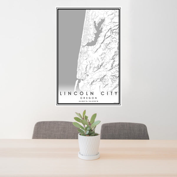 24x36 Lincoln City Oregon Map Print Portrait Orientation in Classic Style Behind 2 Chairs Table and Potted Plant