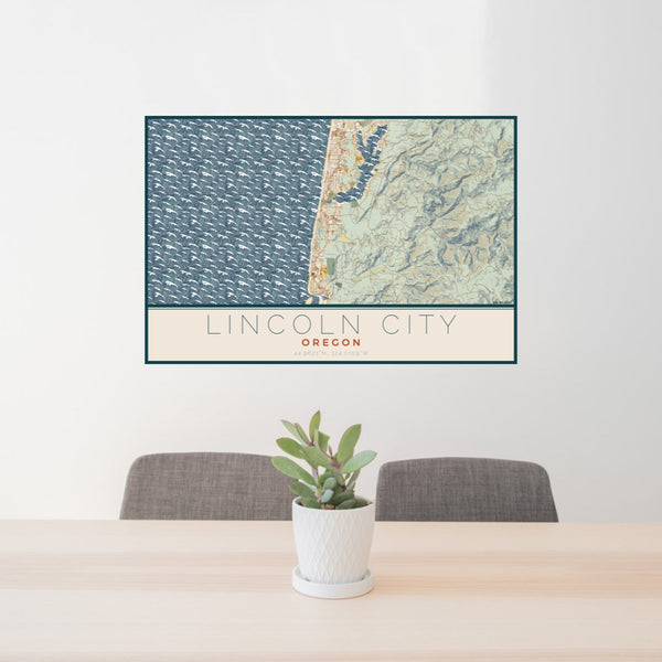 24x36 Lincoln City Oregon Map Print Lanscape Orientation in Woodblock Style Behind 2 Chairs Table and Potted Plant