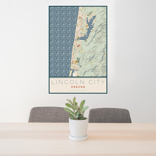 24x36 Lincoln City Oregon Map Print Portrait Orientation in Woodblock Style Behind 2 Chairs Table and Potted Plant