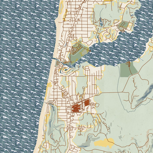 Lincoln City Oregon Map Print in Woodblock Style Zoomed In Close Up Showing Details