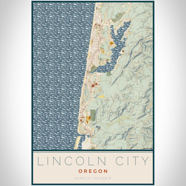 Lincoln City Oregon Map Print Portrait Orientation in Woodblock Style With Shaded Background