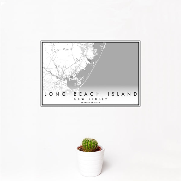 12x18 Long Beach Island New Jersey Map Print Landscape Orientation in Classic Style With Small Cactus Plant in White Planter