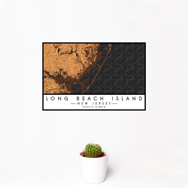 12x18 Long Beach Island New Jersey Map Print Landscape Orientation in Ember Style With Small Cactus Plant in White Planter