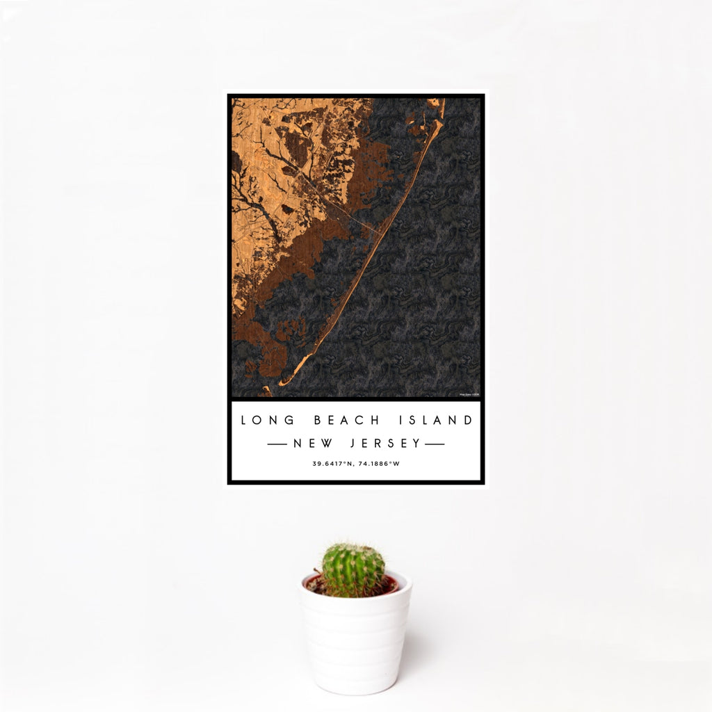 12x18 Long Beach Island New Jersey Map Print Portrait Orientation in Ember Style With Small Cactus Plant in White Planter