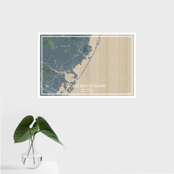 16x24 Long Beach Island New Jersey Map Print Landscape Orientation in Afternoon Style With Tropical Plant Leaves in Water
