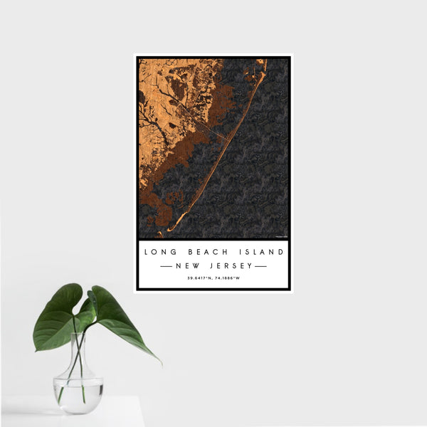 16x24 Long Beach Island New Jersey Map Print Portrait Orientation in Ember Style With Tropical Plant Leaves in Water