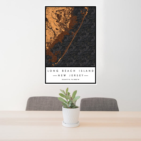24x36 Long Beach Island New Jersey Map Print Portrait Orientation in Ember Style Behind 2 Chairs Table and Potted Plant