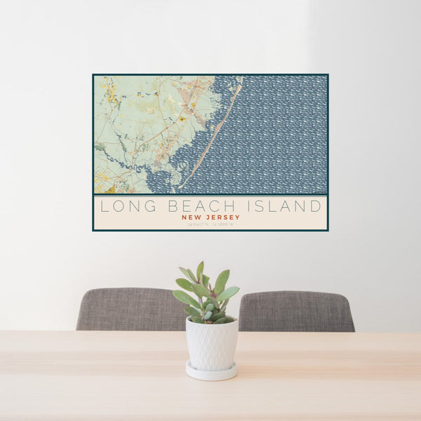 24x36 Long Beach Island New Jersey Map Print Lanscape Orientation in Woodblock Style Behind 2 Chairs Table and Potted Plant