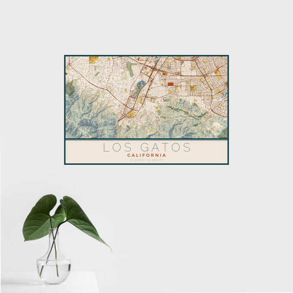 16x24 Los Gatos California Map Print Landscape Orientation in Woodblock Style With Tropical Plant Leaves in Water