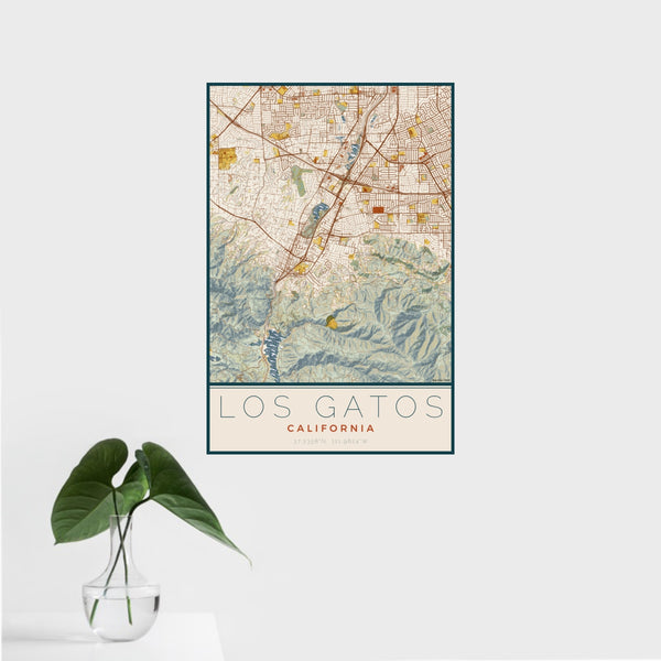 16x24 Los Gatos California Map Print Portrait Orientation in Woodblock Style With Tropical Plant Leaves in Water