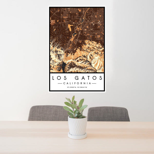 24x36 Los Gatos California Map Print Portrait Orientation in Ember Style Behind 2 Chairs Table and Potted Plant