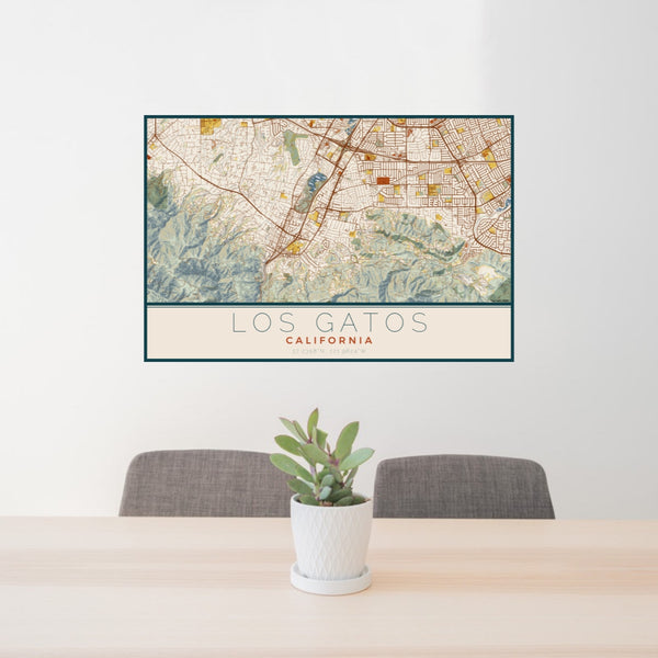 24x36 Los Gatos California Map Print Lanscape Orientation in Woodblock Style Behind 2 Chairs Table and Potted Plant