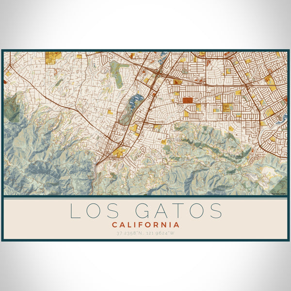 Los Gatos California Map Print Landscape Orientation in Woodblock Style With Shaded Background