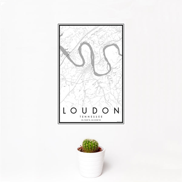 12x18 Loudon Tennessee Map Print Portrait Orientation in Classic Style With Small Cactus Plant in White Planter