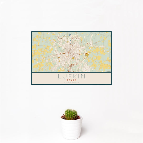 12x18 Lufkin Texas Map Print Landscape Orientation in Woodblock Style With Small Cactus Plant in White Planter