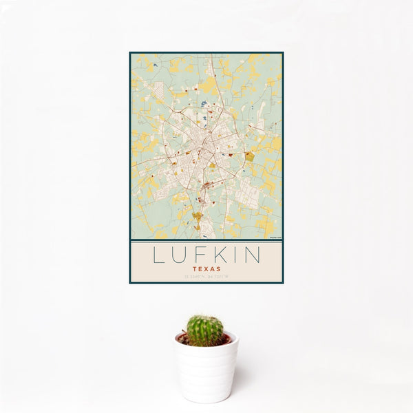 12x18 Lufkin Texas Map Print Portrait Orientation in Woodblock Style With Small Cactus Plant in White Planter