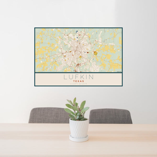 24x36 Lufkin Texas Map Print Lanscape Orientation in Woodblock Style Behind 2 Chairs Table and Potted Plant