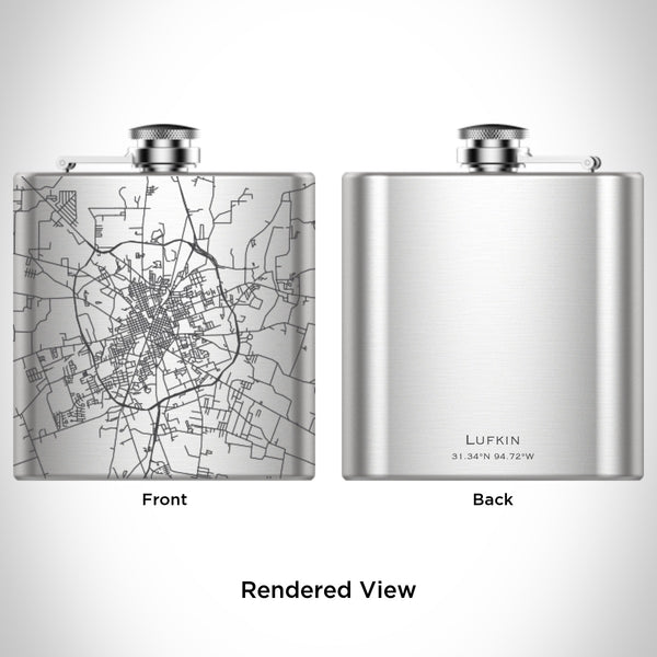 Rendered View of Lufkin Texas Map Engraving on 6oz Stainless Steel Flask