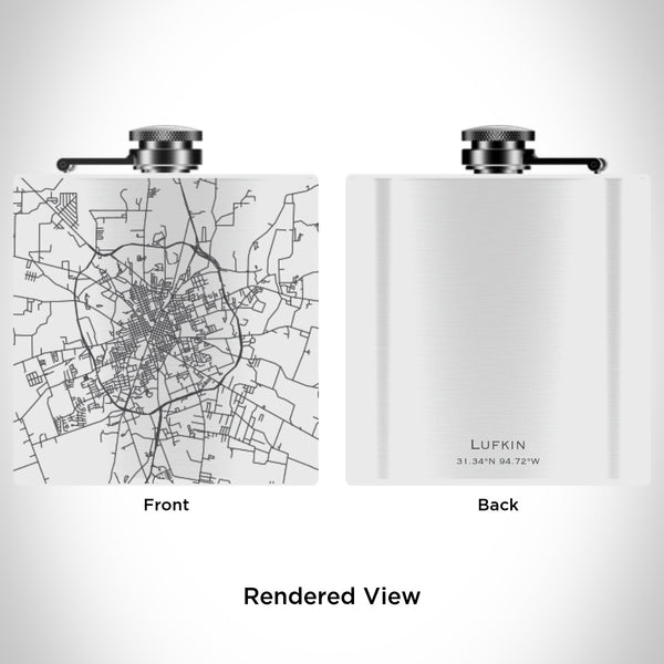 Rendered View of Lufkin Texas Map Engraving on 6oz Stainless Steel Flask in White